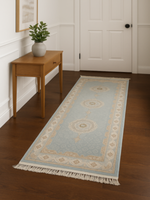 blue brelian runner rug – 3′ x 10′ persian machine made, modern traditional design
